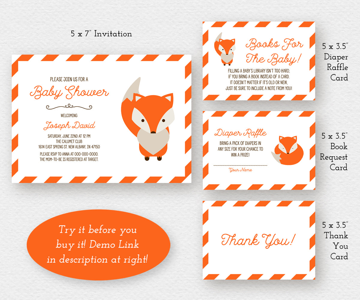 Fox Baby Shower Invitation, diaper raffle, books for baby, thank you editable templates