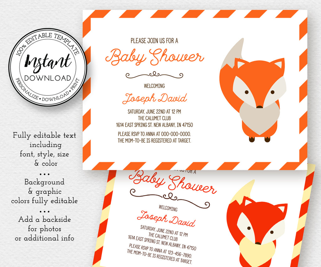 Fox Baby Shower Invitation editable template