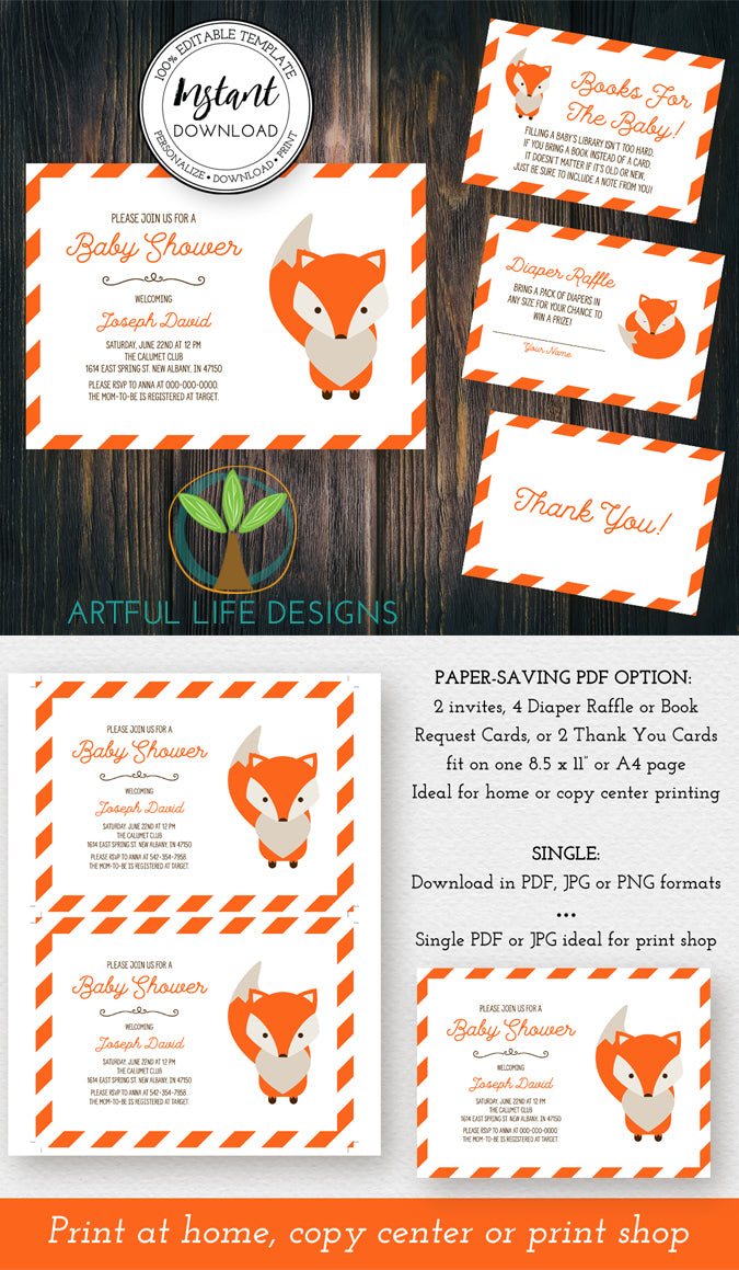 Fox Baby Shower Invitation, diaper raffle, books for baby, thank you editable templates, Artful Life Designs