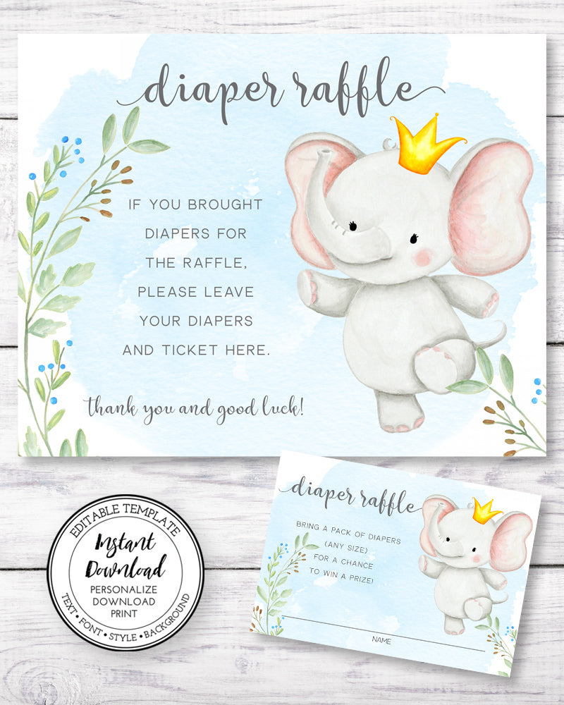 Baby boy elephant diaper raffle sign and card templates