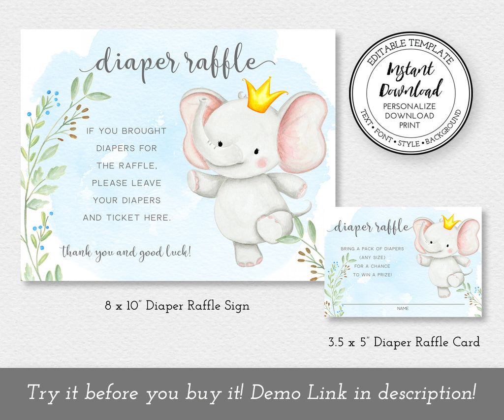 Baby boy elephant diaper raffle sign 8 x 10" and raffle card 3.5 x 5"