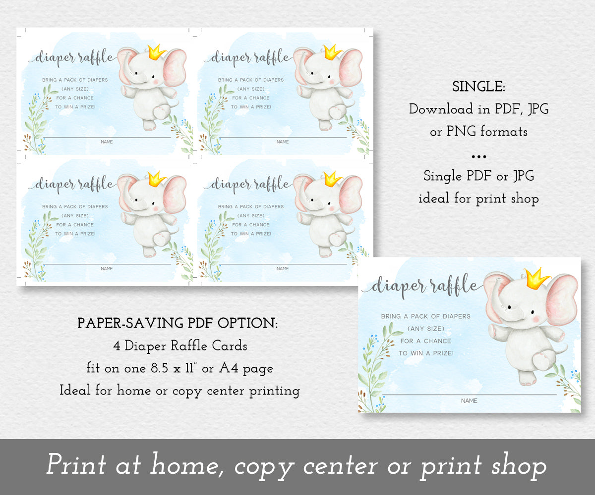 Paper saver option for baby boy elephant diaper raffle card