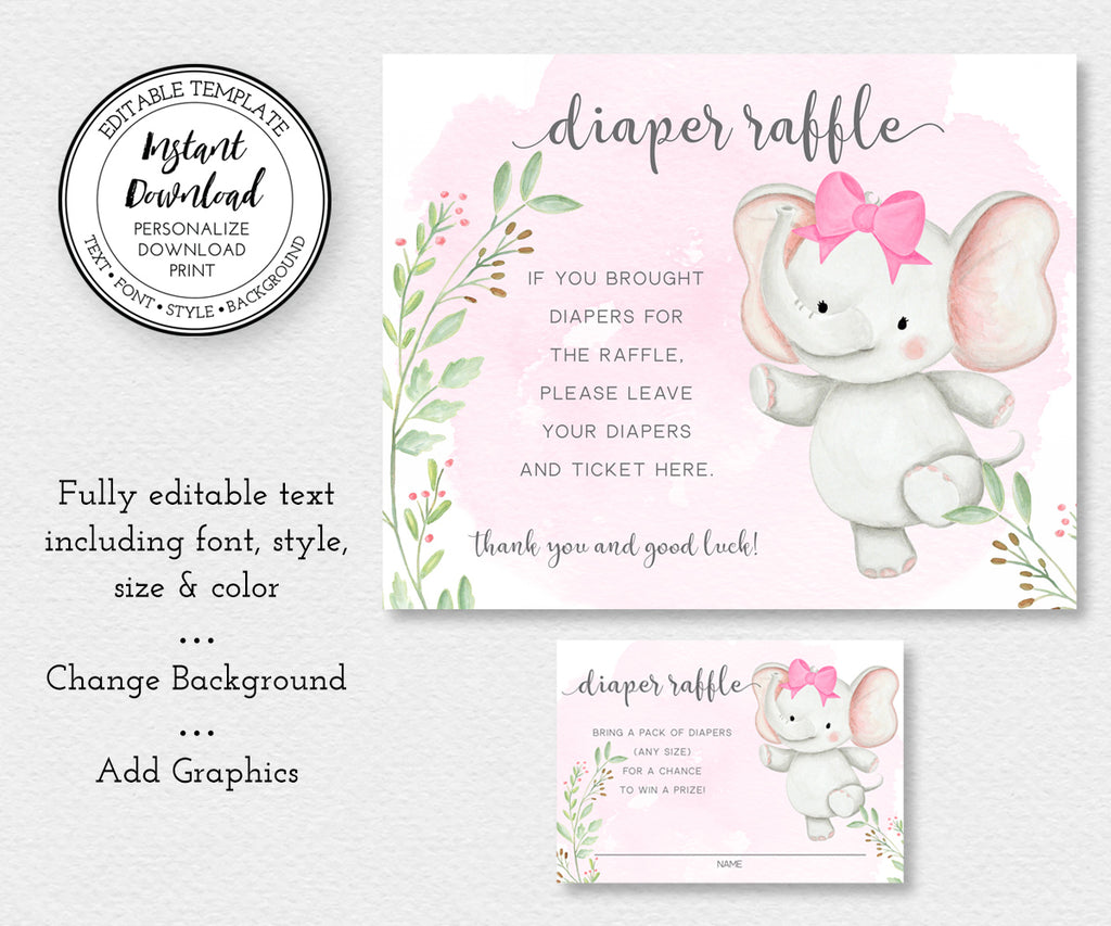 Baby Girl elephant shower diaper raffle sign and entry ticket editable templates