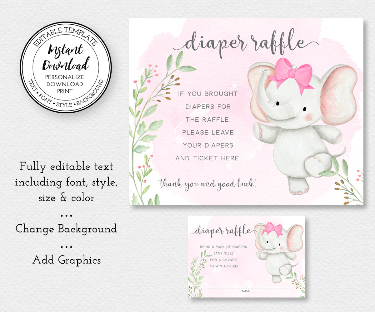 Baby Girl elephant shower diaper raffle sign and entry ticket editable templates