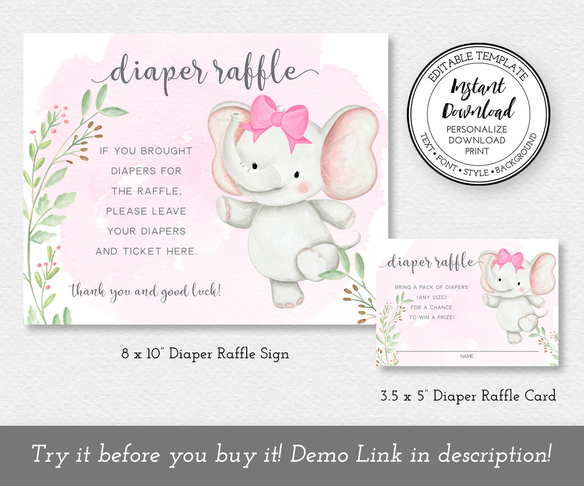 8 x 10 inch diaper raffle sign and 3.5 x 5 inch raffle ticket, baby girl elephant with pink bow, greenery accents for a baby girl shower game