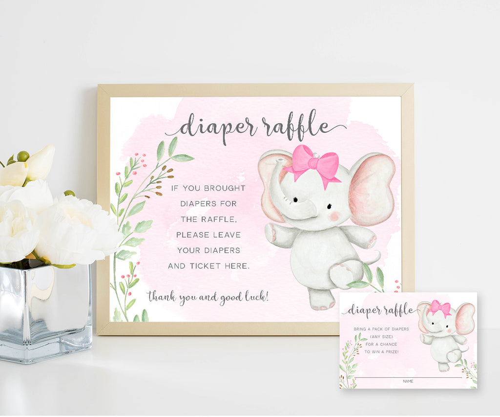 Diaper Raffle Sign and Entry Ticket, baby elephant with pink bow and greenery for a girl baby shower game