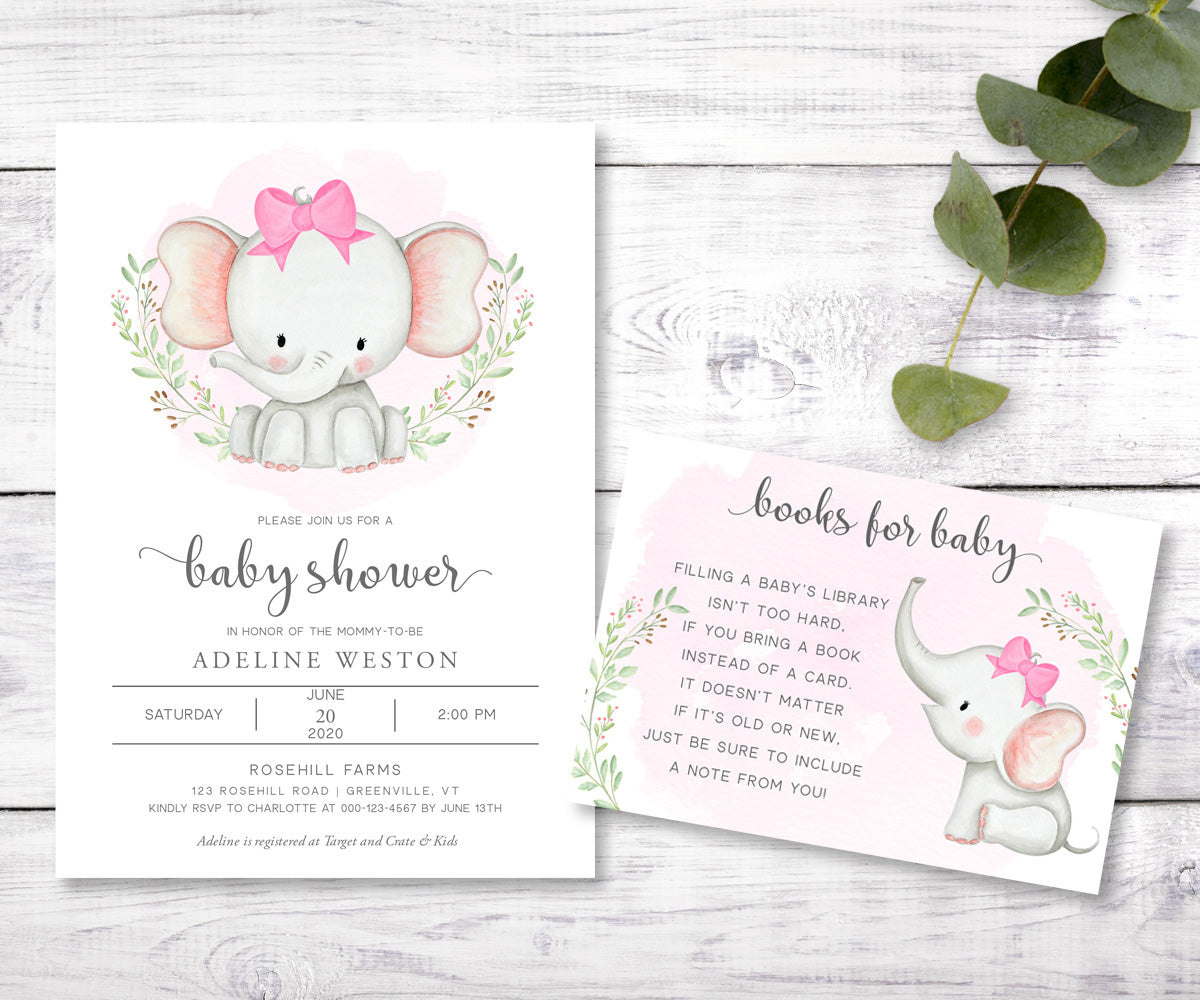 Elephant baby shower invitation and books for baby card, baby elephant with pink bow for a girl baby shower