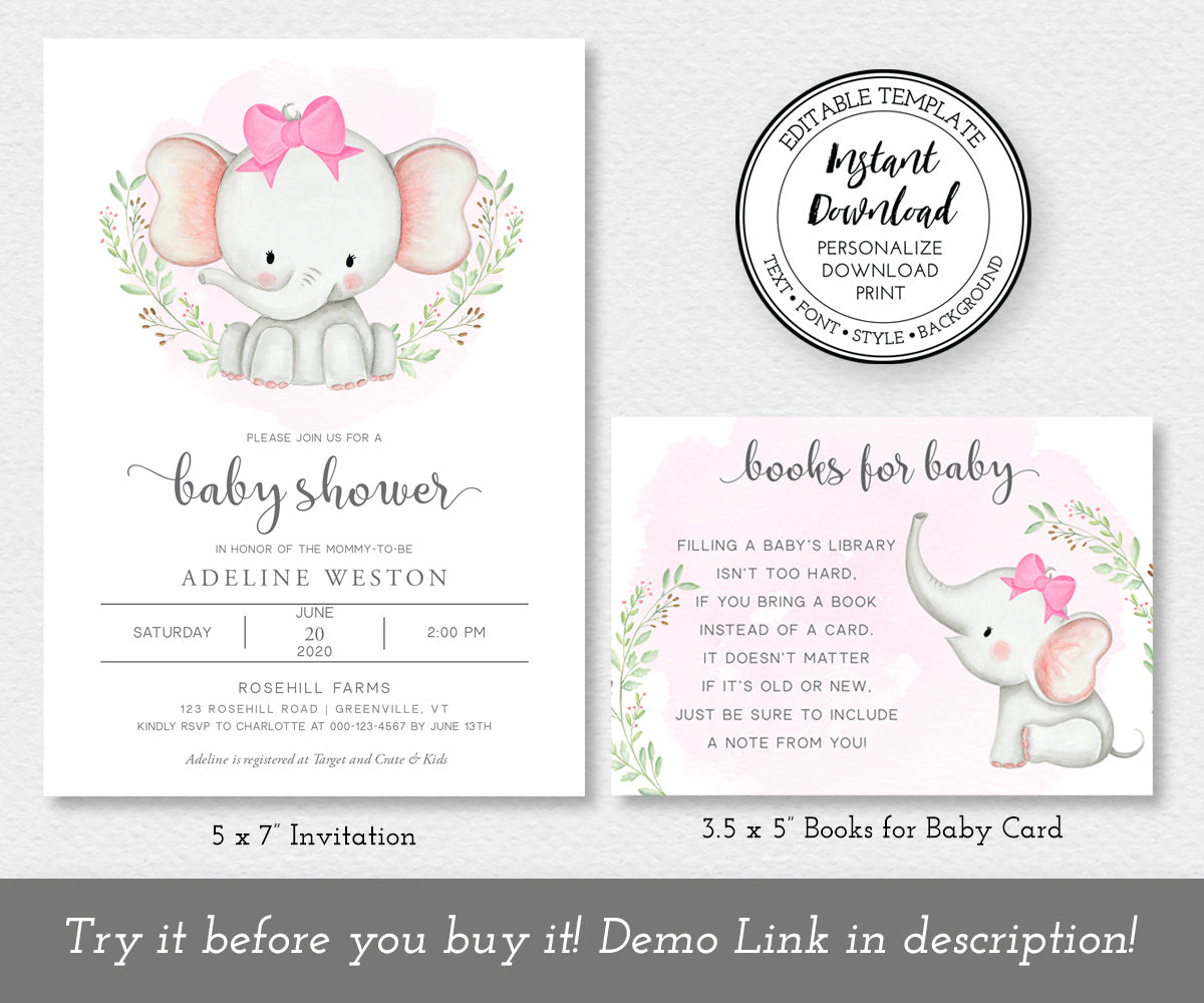Girl Baby Shower invitation and Books for Baby Card with elephant and pink bow