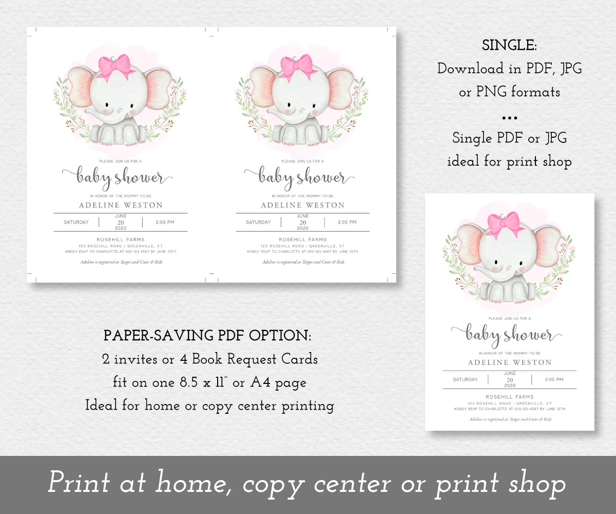 Paper saver option for Baby shower invitation, elephant with pink bow, girl baby shower