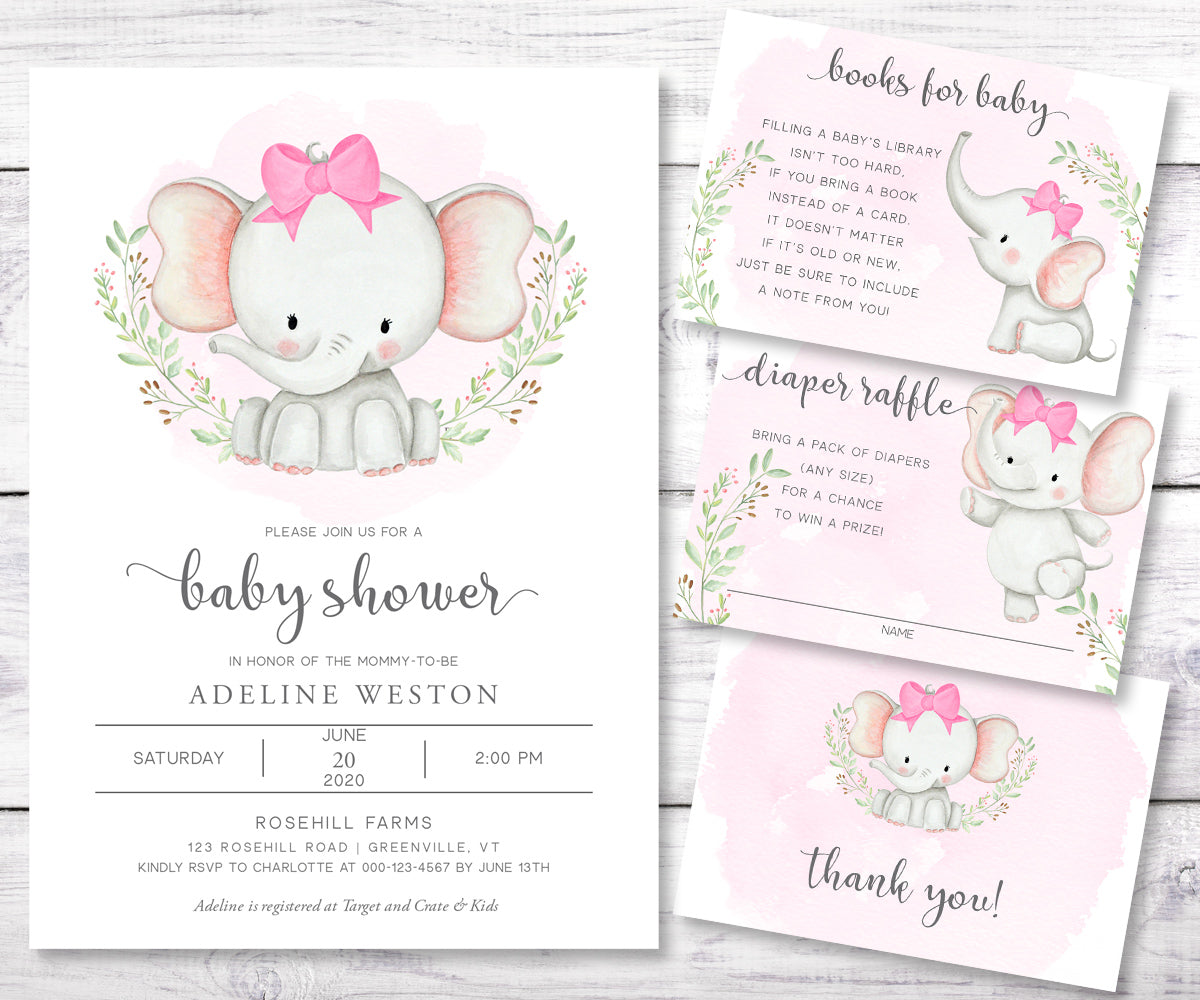 Elephant Baby Shower Invitation Set, Girl Baby Shower, Editable Templa ...