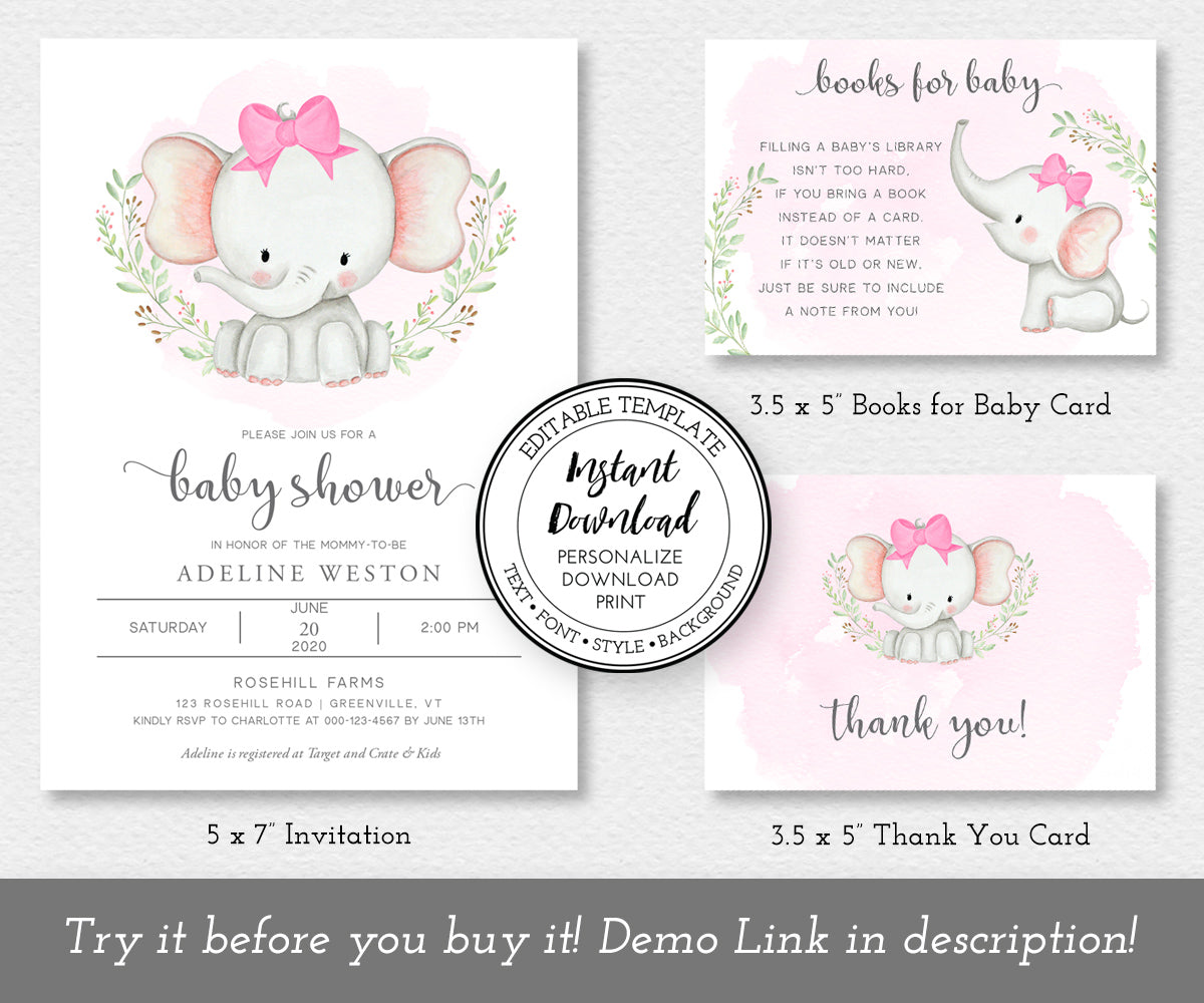girl elephant with pink bow baby shower invitation set