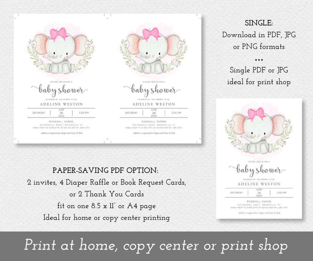 Paper saver option for elephant baby shower invitation set