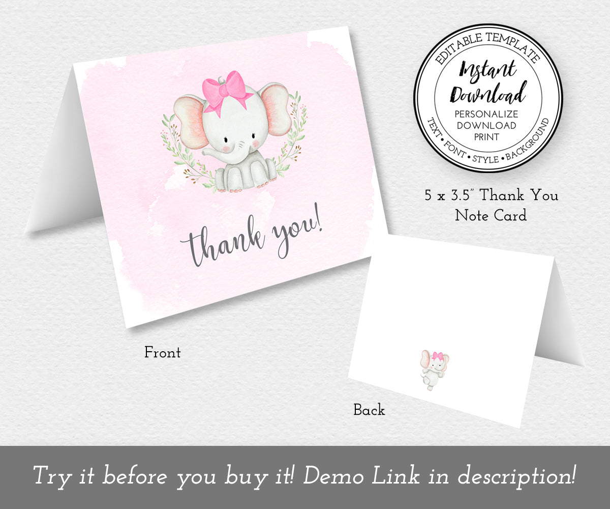 Baby Girl Elephant folded thank you card front and back templates.