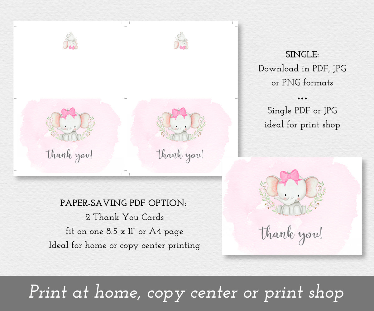 Download options for elephant baby shower thank you cards, 2 per sheet or single card.