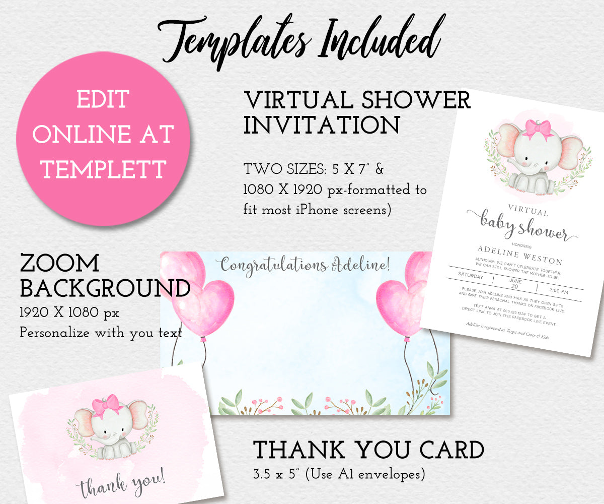 Baby Elephant Virtual Baby Shower, Templates included, zoom background, shower invitation, thank you card templates