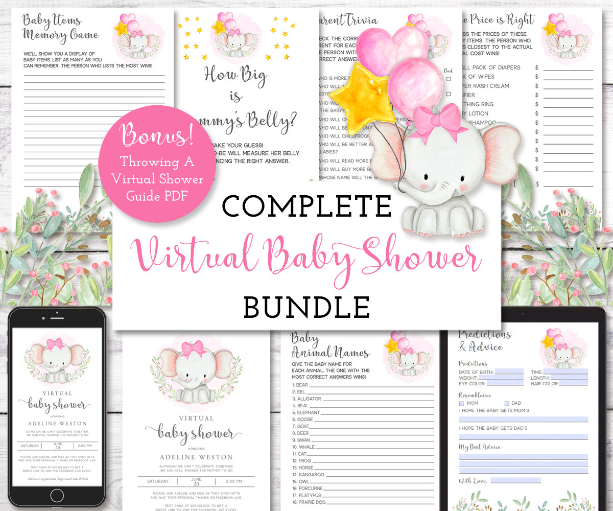 Elephant Virtual Baby Shower Bundle, Pink and Gray, Online Baby Shower Bundle, Girl Baby Shower