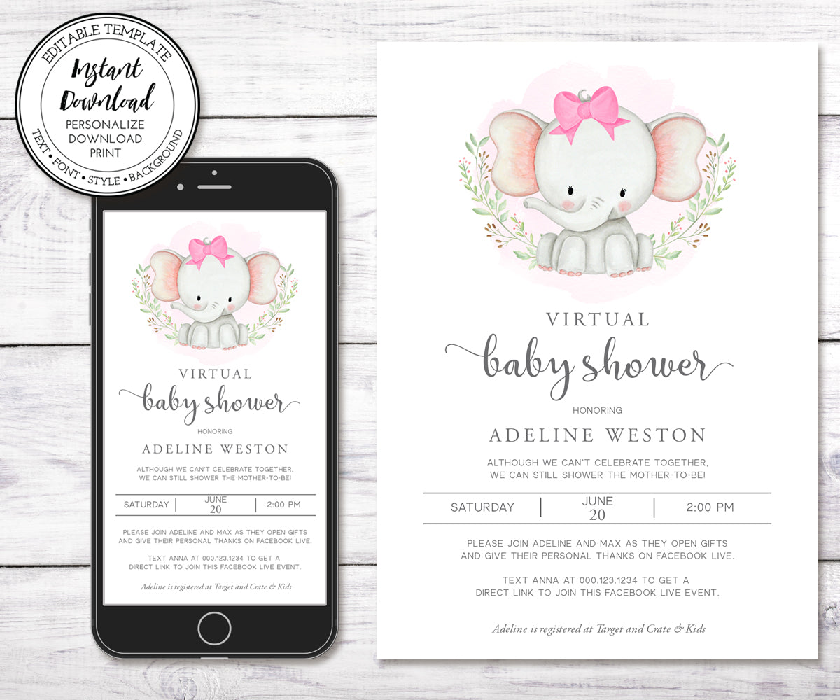 Baby Elephant virtual baby shower, two invitation templates, standard smartphone size, 5 x 7" size