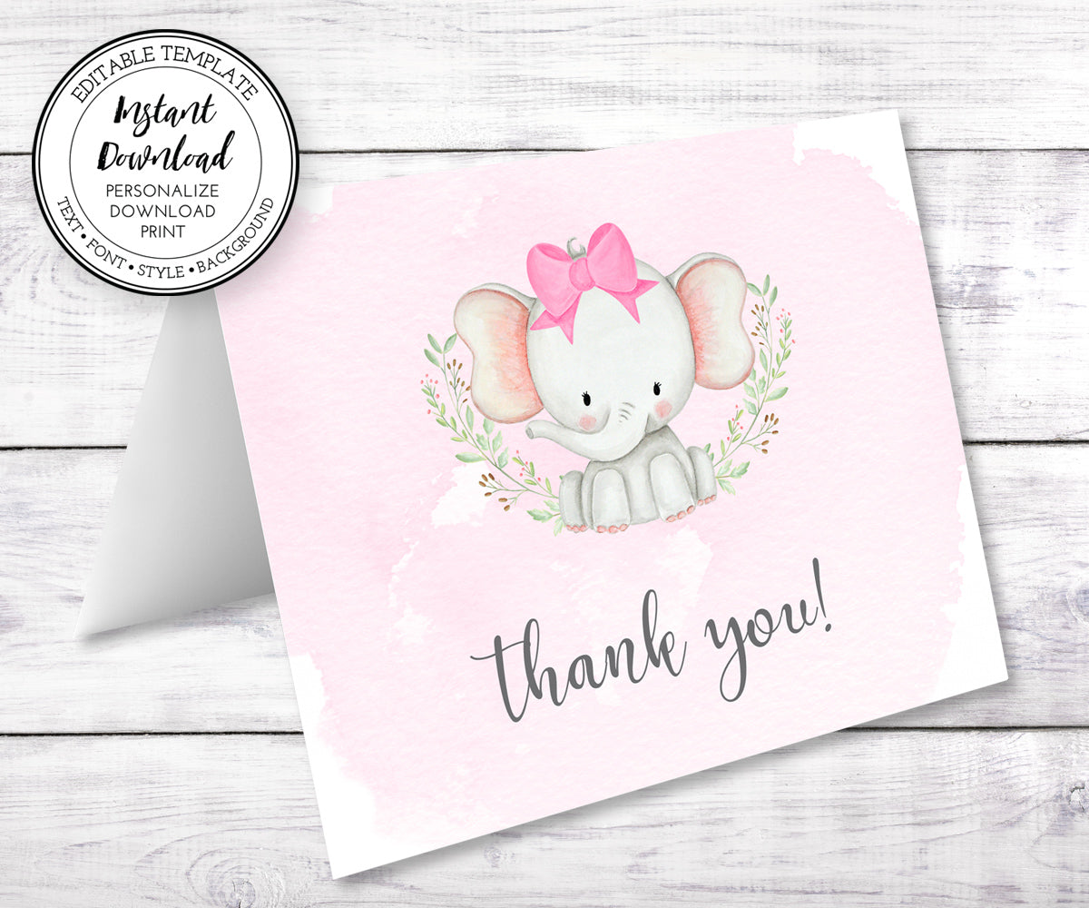 Pink and Gray baby elephant, baby shower thank you note card template