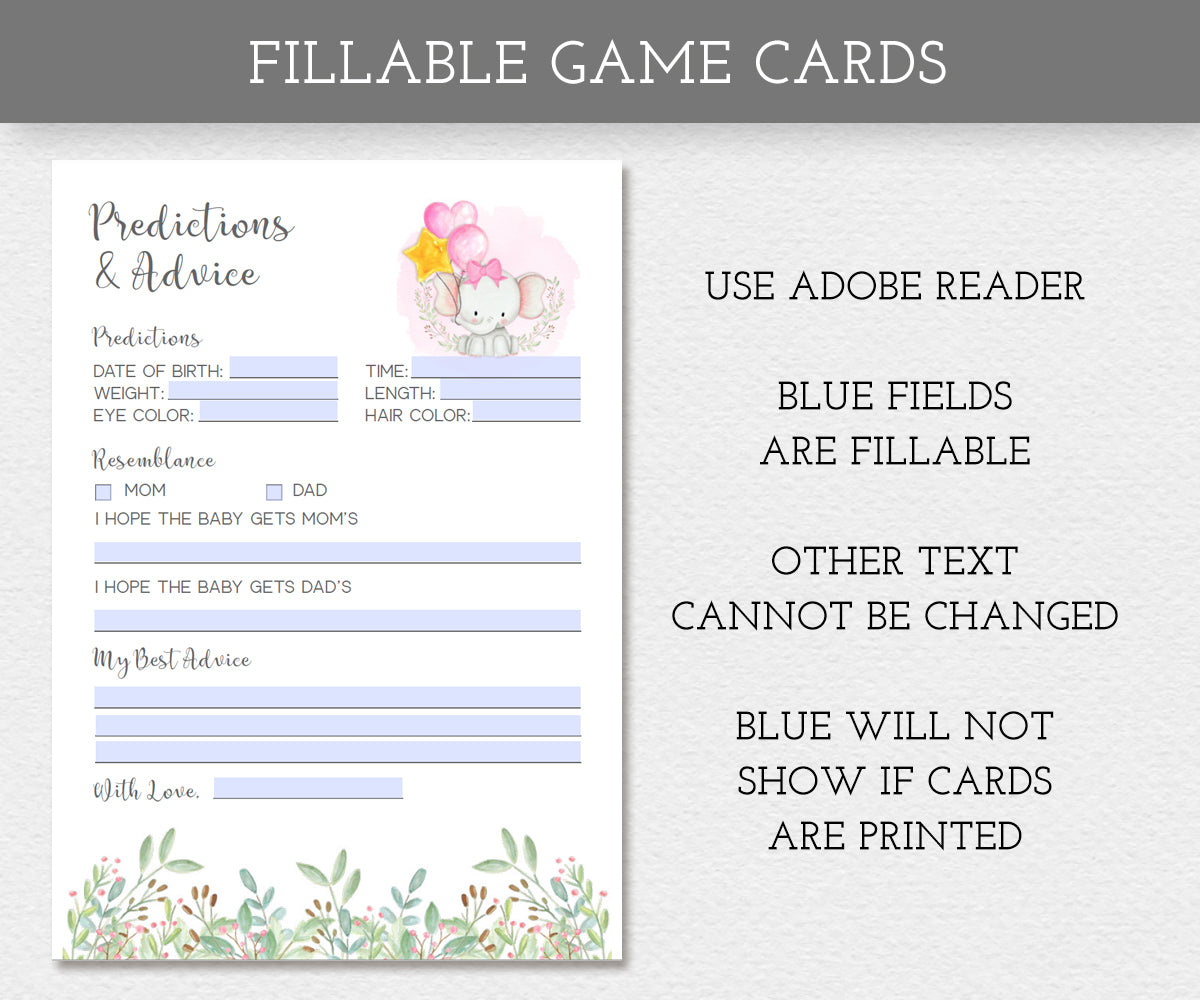 Baby elephant, virtual baby shower, fillable PDF shower game cards