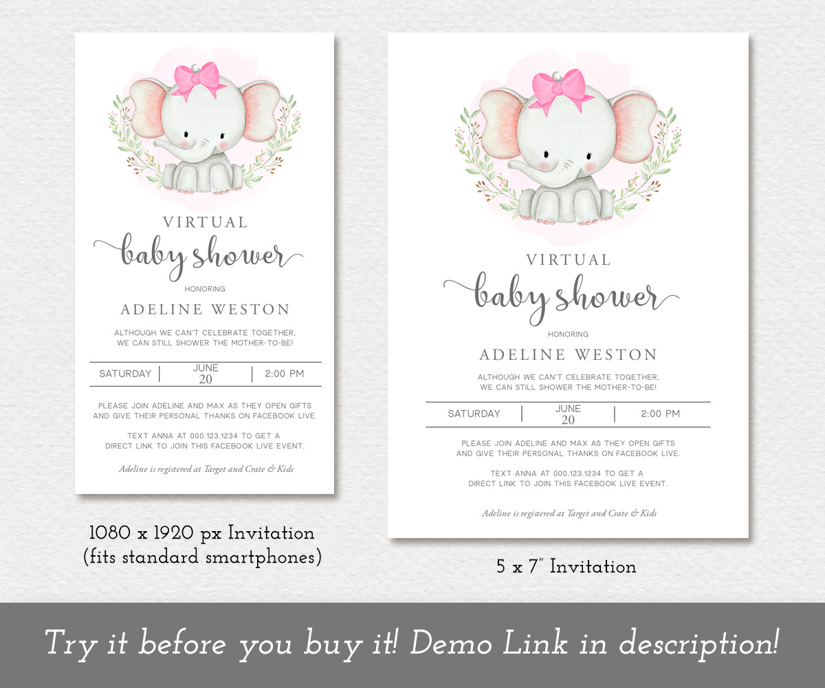 Virtual Baby Shower Invitation, Elephant Baby Shower, Girl Baby Shower, Long Distance Shower, Instant Download, Editable Template