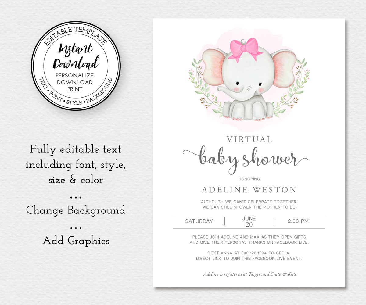 Virtual Baby Shower Invitation, Elephant Baby Shower, Girl Baby Shower, Long Distance Shower, Instant Download, Editable Template