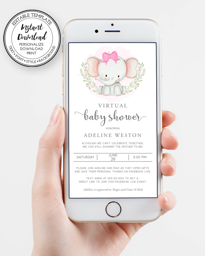 Virtual Baby Shower Invitation, Iphone virtual shower invite, Elephant Baby Shower, Girl Baby Shower, Long Distance Shower, Instant Download, Editable Template