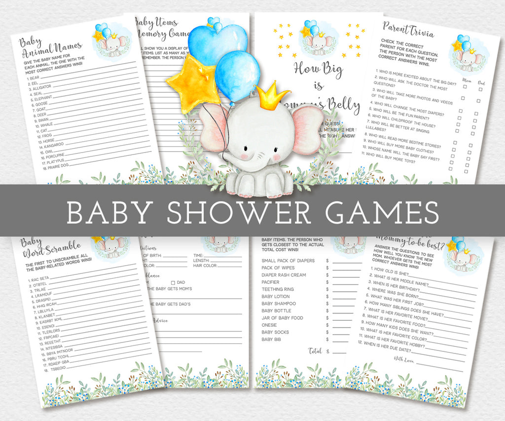 Elephant Baby Shower Games Printable Pack, Blue Grey Baby Shower Games –  Studio 118