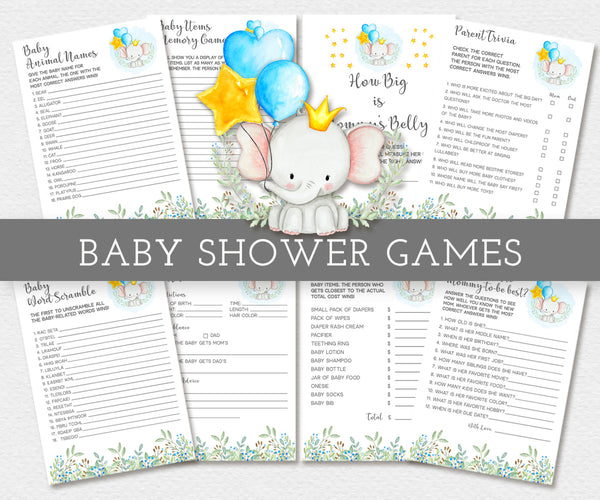 Baby boy elephant with balloons, eight baby shower games
