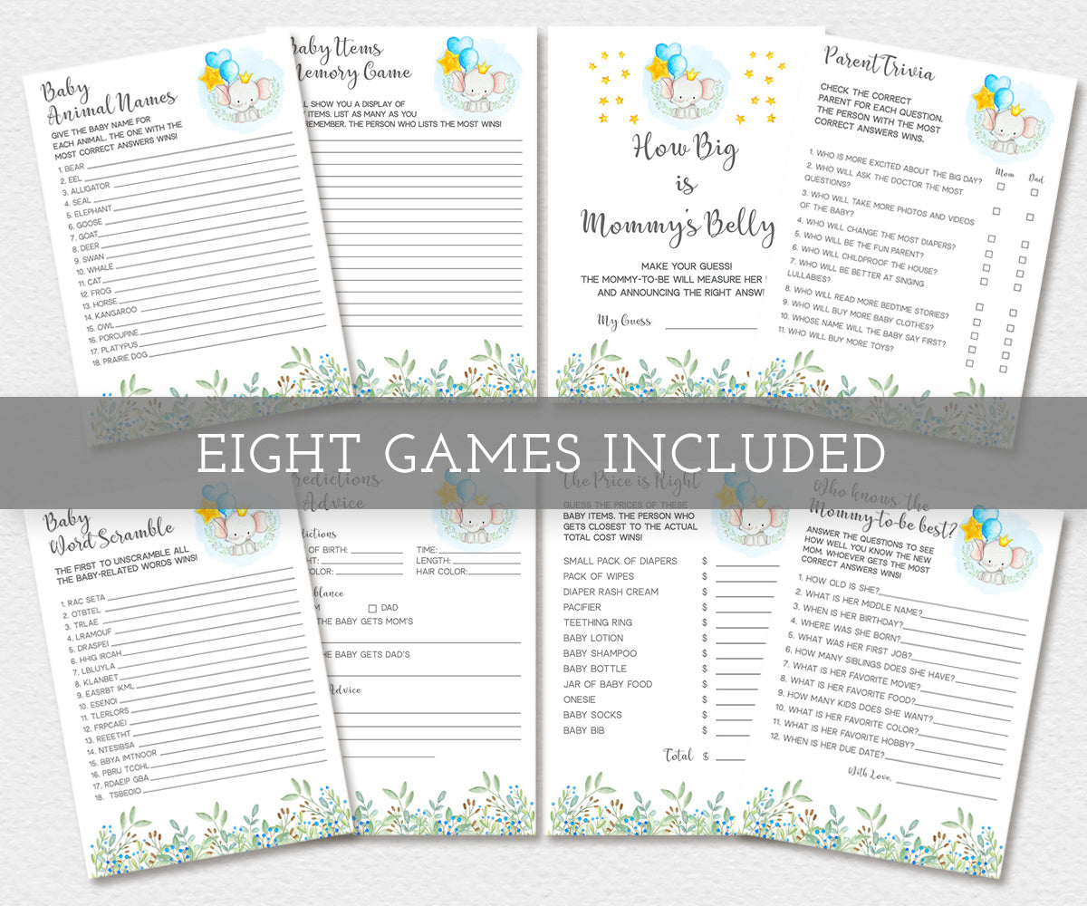 Boy Elephant baby shower, eight games included
