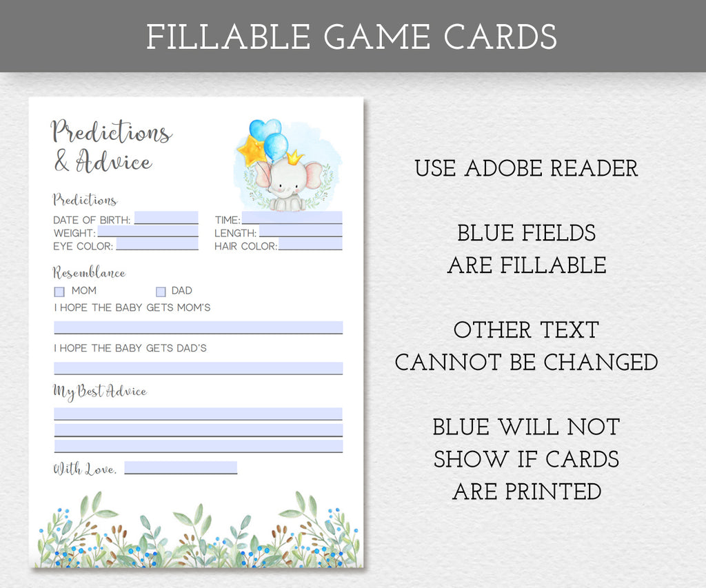 Boy Elephant baby shower fillable game card
