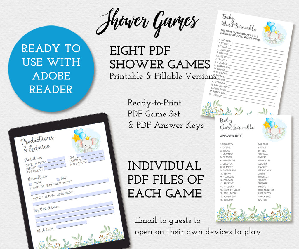Boy Elephant baby shower game templates, editable and printable