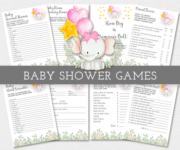 Girl elephant baby shower games bundle, eight games