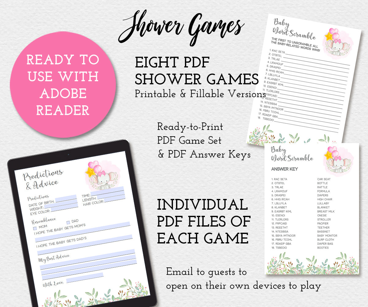 Baby elephant baby shower games, printable or fillable