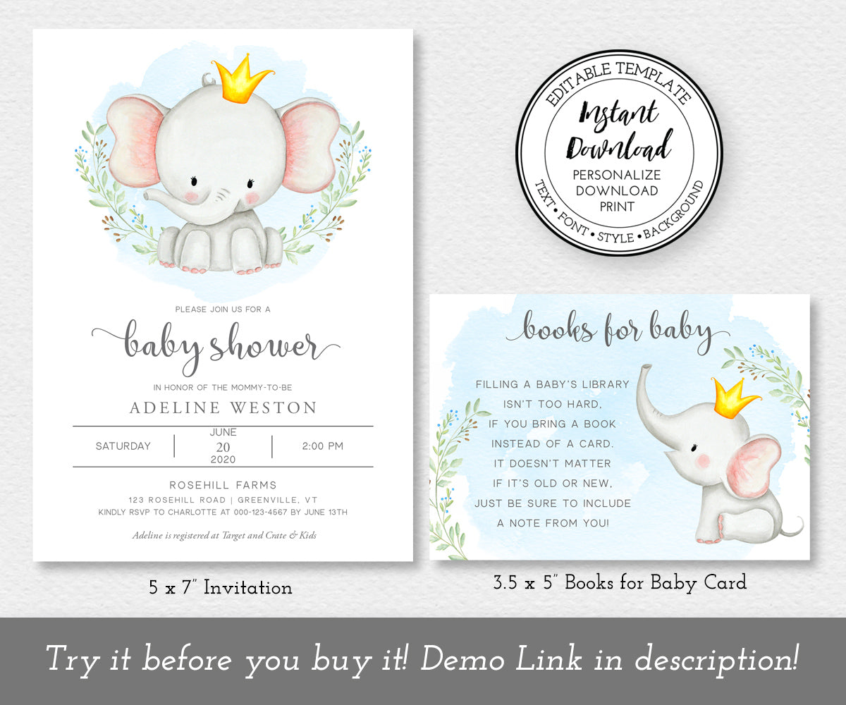 Elephant baby shower invitation, books for baby card templates