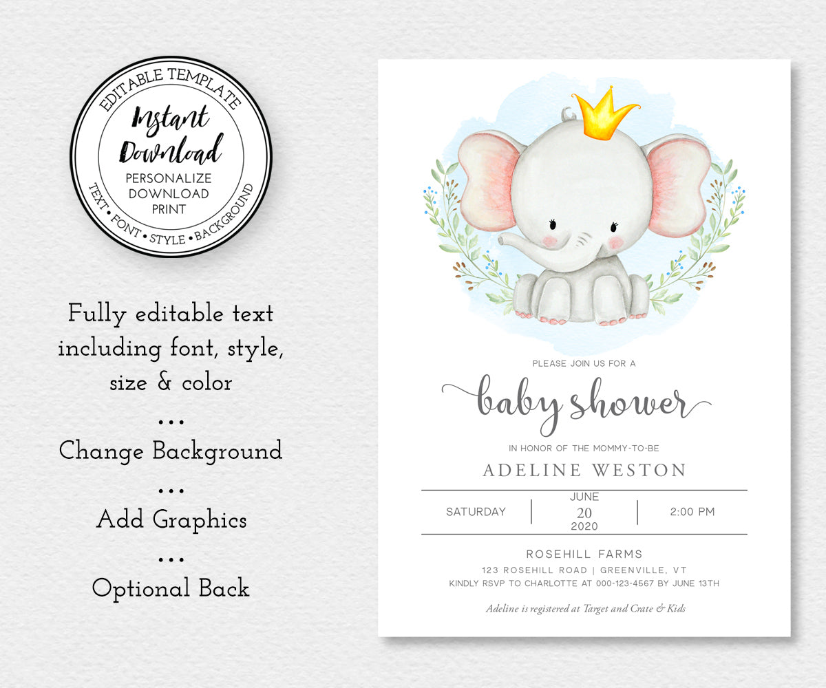Editable baby elephant shower invitation template