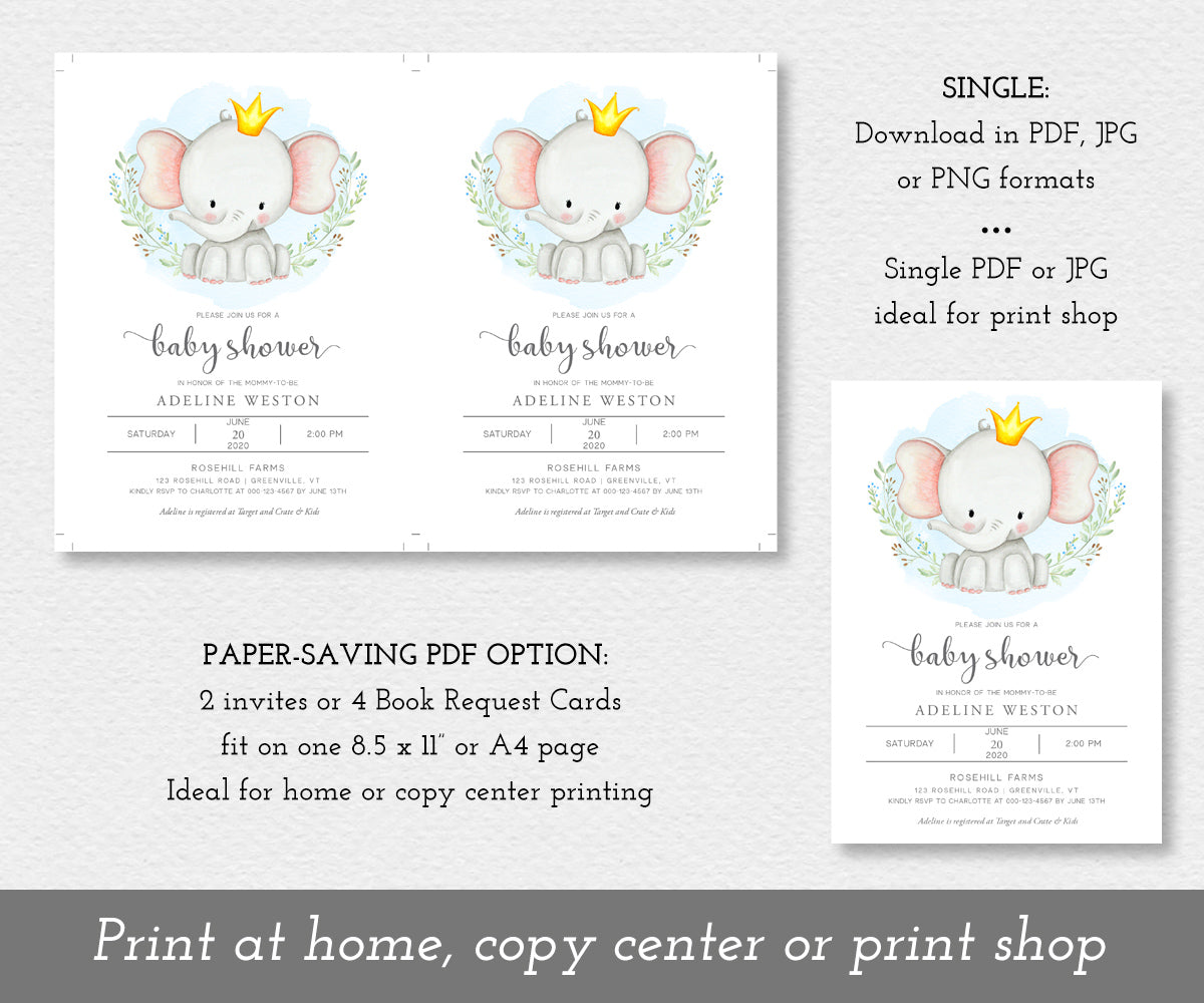 Paper saver option, baby elephant boy baby shower invitation template