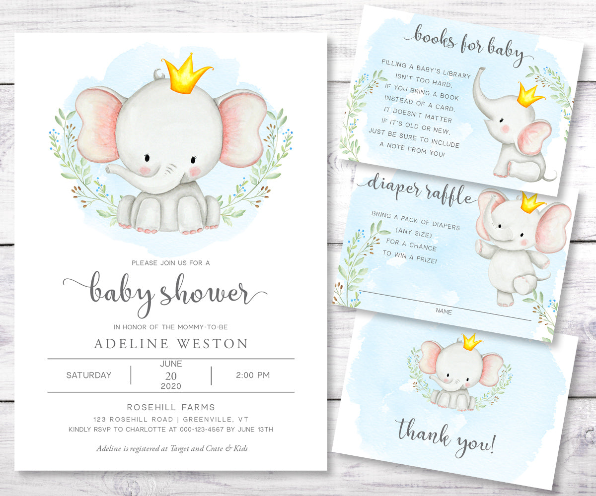 baby elephant shower invitation set of templates, books for baby card, diaper raffle card, thank you note card