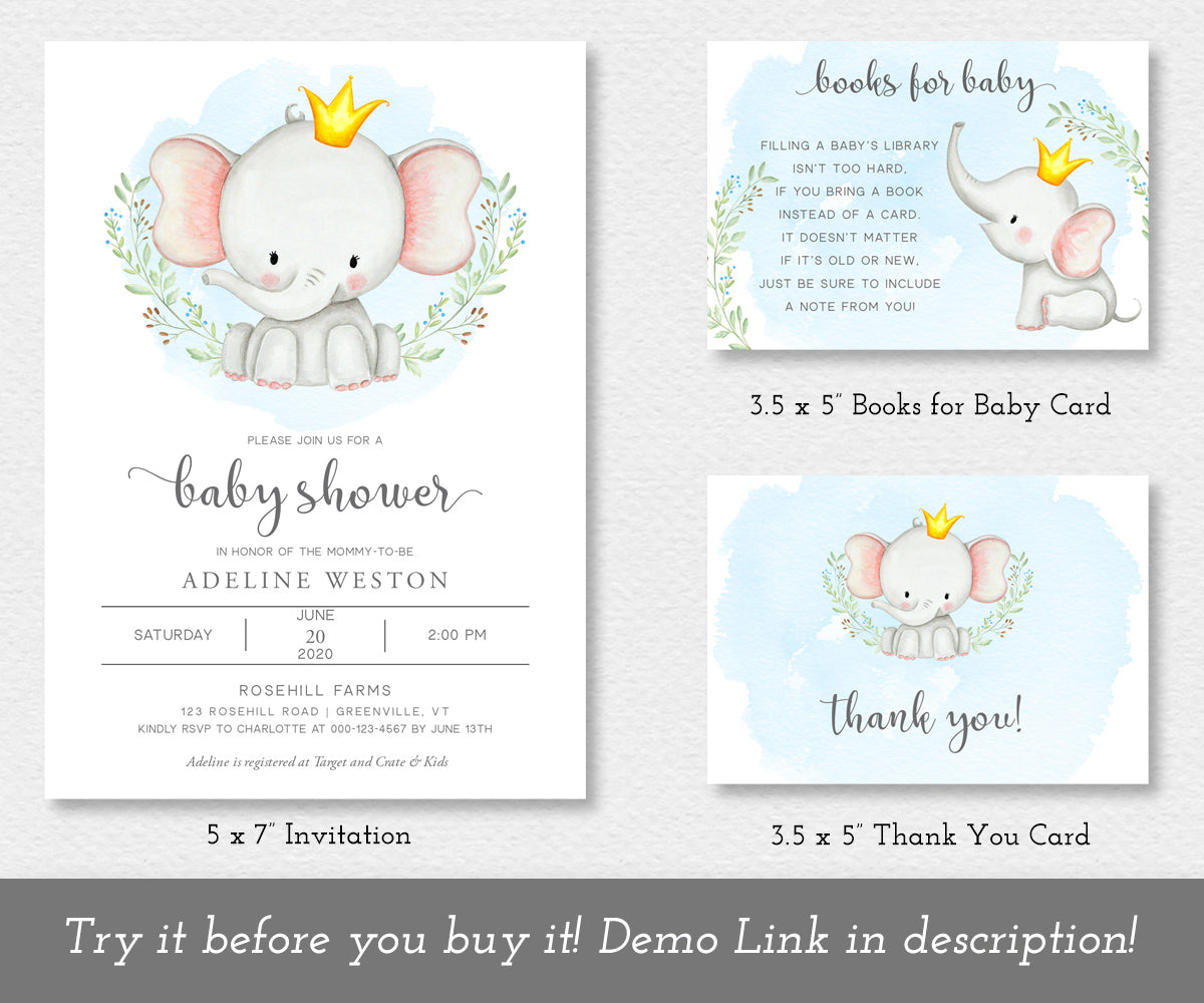 baby elephant with crown, baby shower invitation template, books for baby template, thank you card template