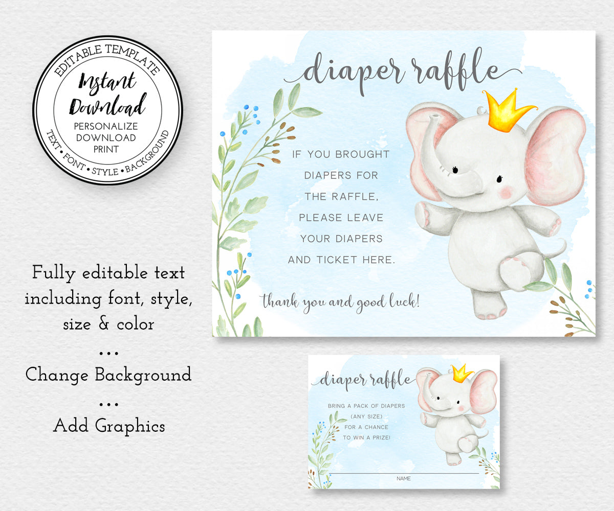 editable template for baby boy elephant diaper raffle sign and card