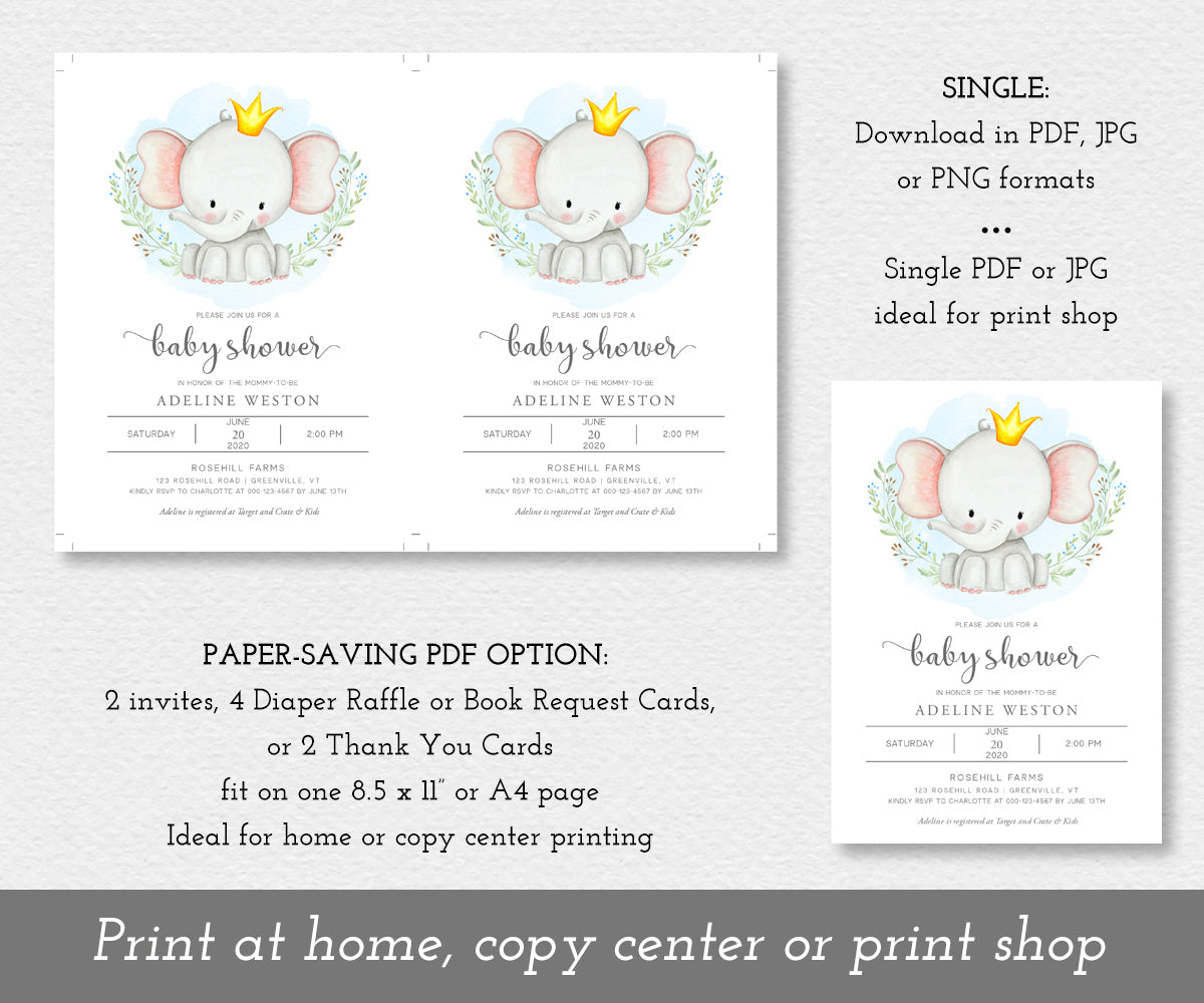 Paper saver option for baby boy elephant baby shower invitation template