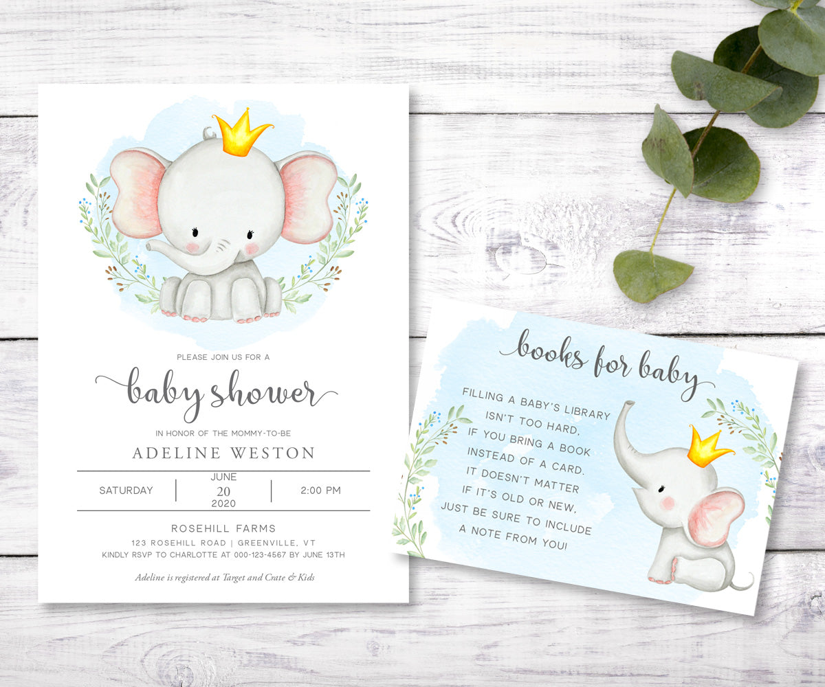 Elephant baby shower and books for baby card editable templates, boy baby elephant with gold crown for a boy baby shower