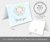 Boy baby elephant with gold crown, baby shower folded thank you card front and back.