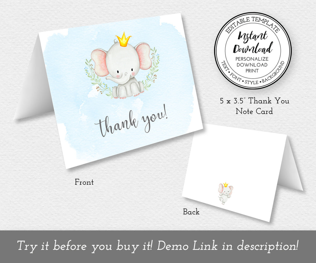 Boy baby elephant with gold crown, baby shower folded thank you card front and back.