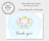 Boy elephant baby shower thank you card editable template.