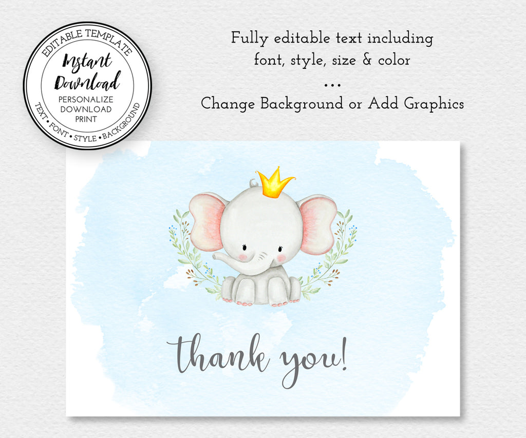 Editable baby elephant boy thank you card template