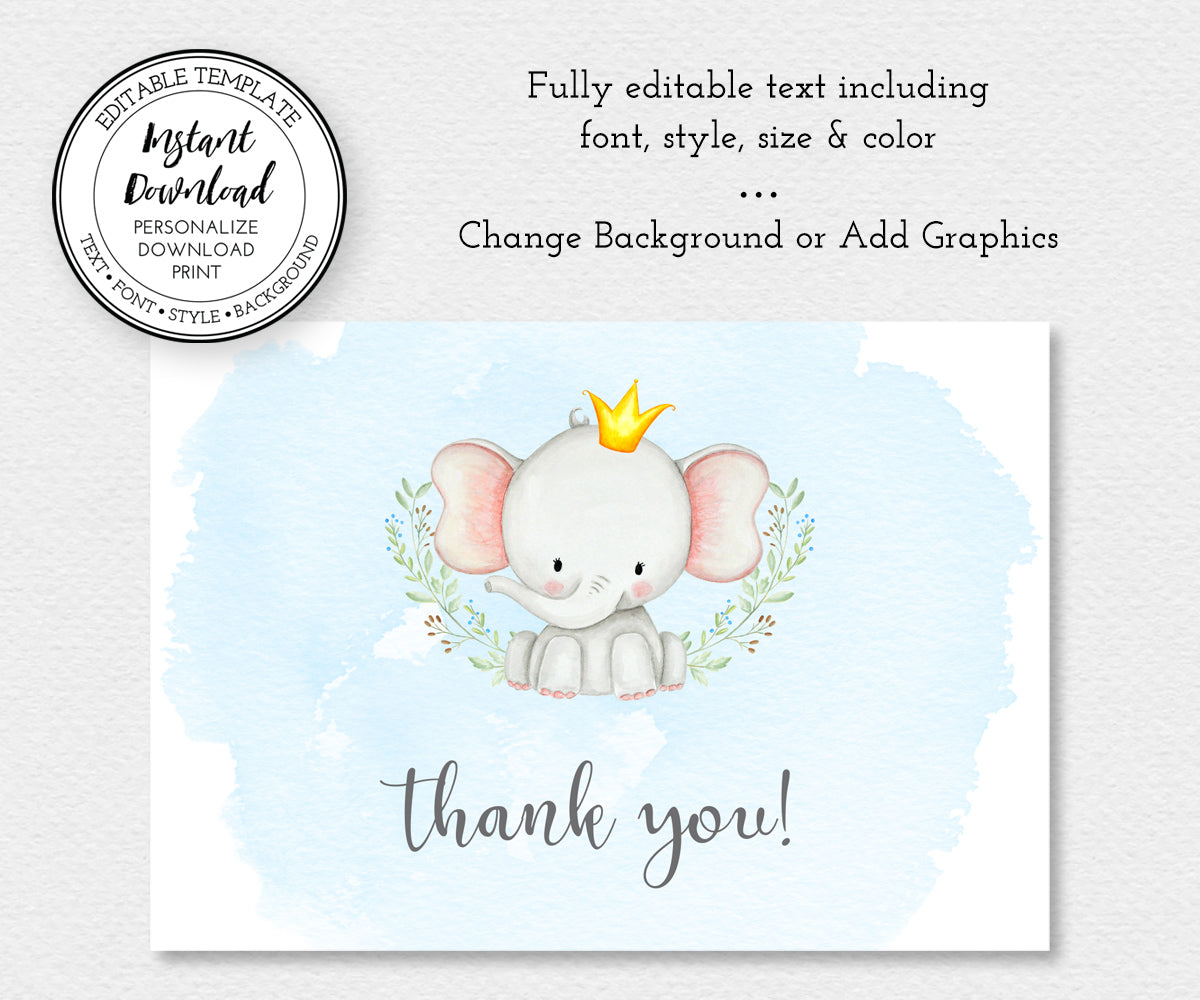 Boy elephant baby shower thank you card editable template.