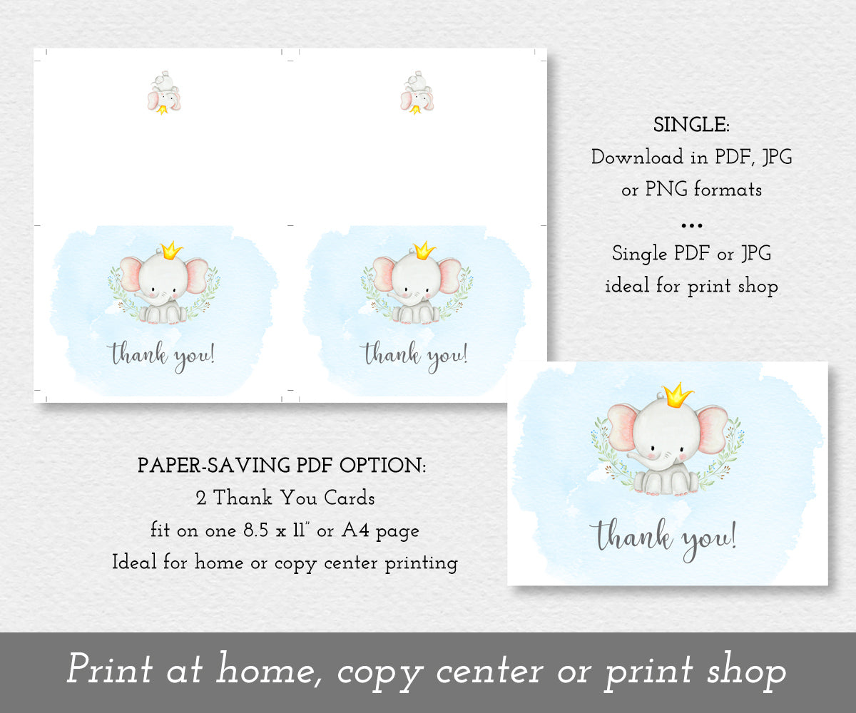 Download options for boy elephant baby shower thank you card, two per sheet or single card.
