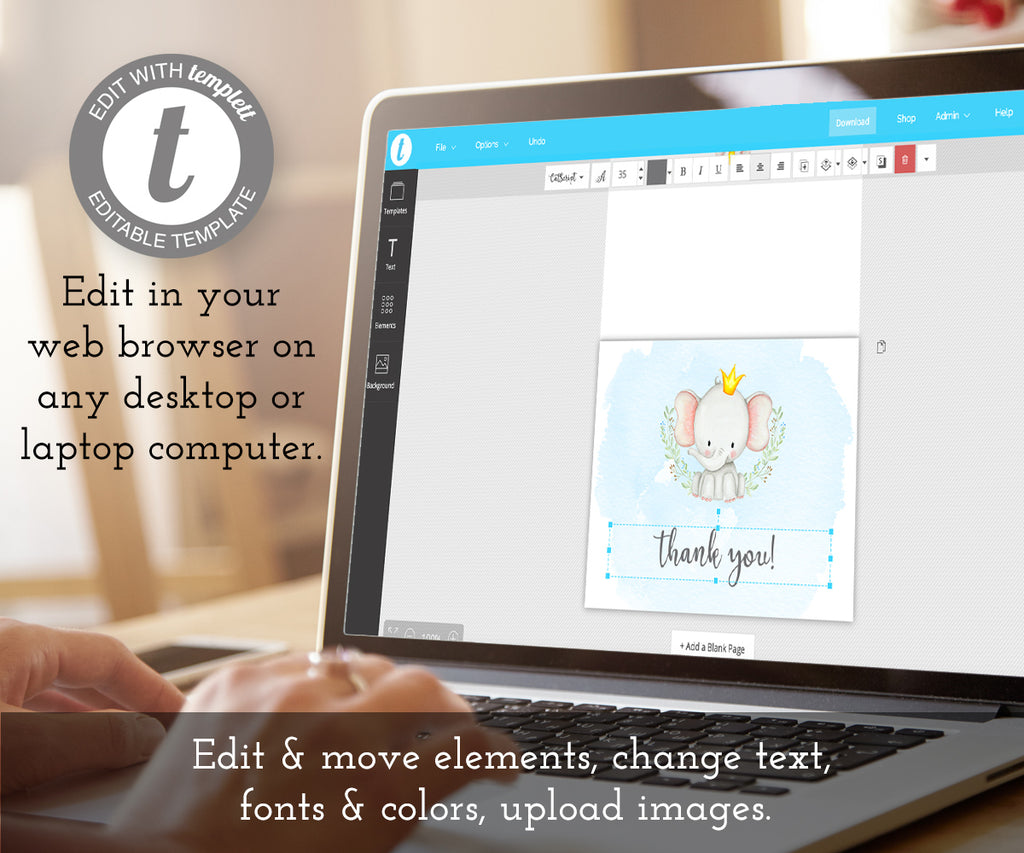 Edit online at templett, baby elephant thank you note card template
