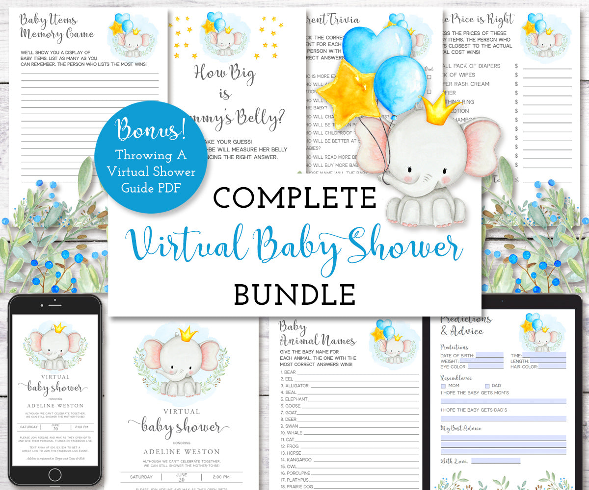 Baby Elephant Virtual Baby Shower Bundle, Online baby shower kit