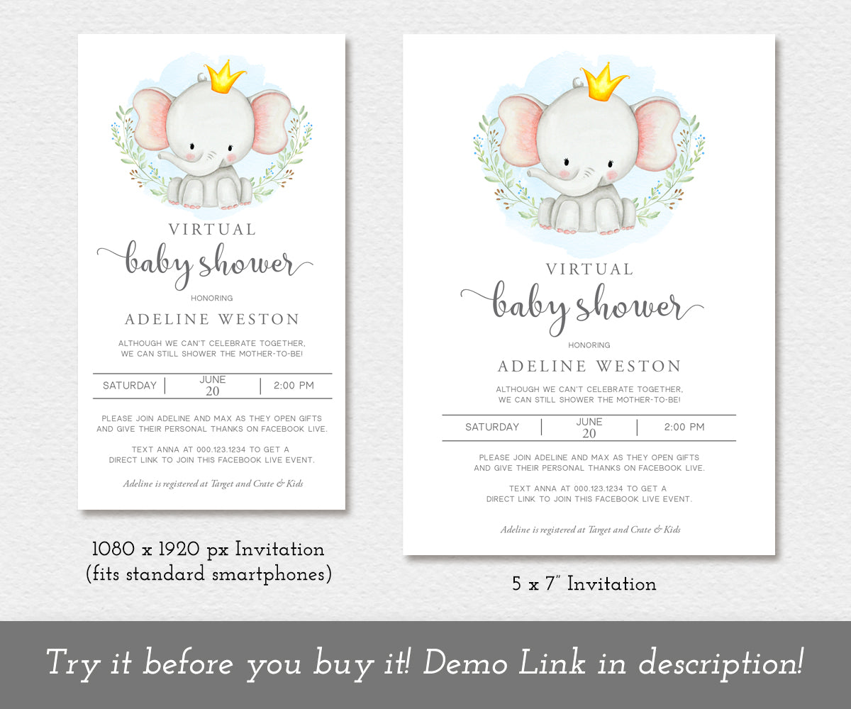 1080 x 1920 px baby elephant virtual baby shower invitation, 5 x 7" virtual baby shower template